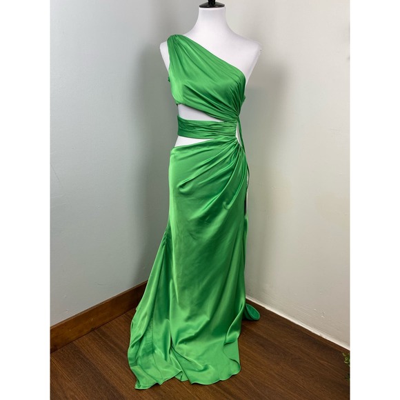 Mac Duggal Spring Green Cut Out One Shoulder Satin Gown Size 4 $498 68485 - Picture 6 of 14